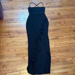 Windsor Black Ruffle-Trim Maxi Dress with Spaghetti Straps